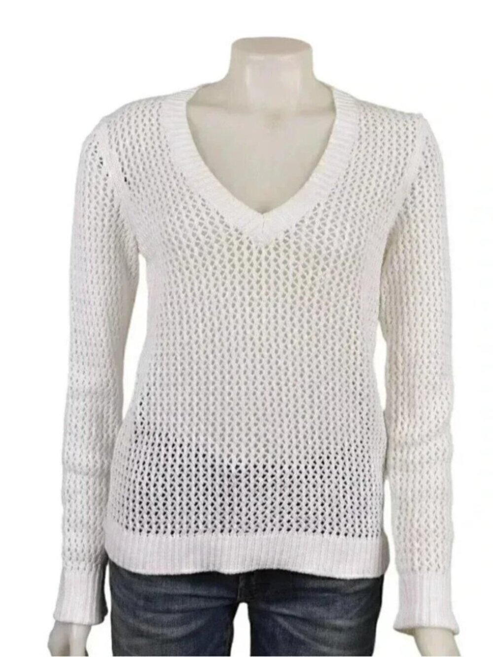 Tommy Hilfiger Open Knit Sweater White V-Neck Sheer Cotton Size Large